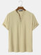 Mens Solid Color V-Neck Side Split Cotton Short Sleeve Henley Shirts - Khaki