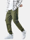 Mens Cotton Solid Drawstring Elastic Ankle Cargo Pants With Push Buckle Pocket - Green