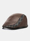 Collrown Men PU Lattice Pattern Knitted Patchwork Side Adjustable Warmth Casual Beret Flat Cap - Brown