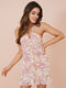 Floral Print Ruched Self Tie Halter Ruffle Open Back Mini Dress - Pink