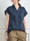 Solid V Neck Roll Short Sleeve Casual Cotton Blouse - Navy