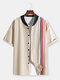 Mens 2 Stripes Baseball Collar Street Short Sleeve Shirts - Khaki