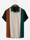 Mens Contrasting Color Stitching Knitting Lapel Short Sleeve Shirt - Brown