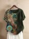Vintage Printed Short Sleeve O-neck Patchwork T-shirt For Women - Green