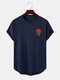 Mens Rose Chest Print Curved Hem Daily Short Sleeve T-Shirts - Navy