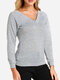 Solid Color Plain Knitted V-neck Long Sleeve Casual T-shirt for Women - Gray