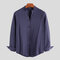 Mens 100% Cotton Chinese Style Brief Long Sleeve Stand Collar Plain Shirts - Navy