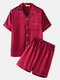 ChArmKpr, conjunto de pijamas de seda sintética lisos para hombre, dos piezas, cuello de solapa de Color sólido, ropa de dormir de satén con camisetas de manga corta - rojo