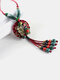 Vintage Round Flower Shape Pendant With Beaded Tassel Hand-woven Ceramics Alloy Long Sweater Necklace - Red