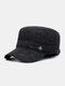Men Woolen Cloth Felt Herringbone Pinstripe Letter Embroidery Metal Label Thickened Built-in Ear Protection Warmth Flat Cap - Gray