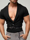Mens Striped Lapel Short Sleeve Shirt - Black
