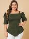 Solid Color Off Shoulder Knotted Plus Size Casual T-shirt for Women - Green
