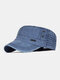 Men Washed Cotton Solid Color Letters Metal Label Breathable Sunshade Military Cap Flat Cap - Blue