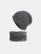 Men Knitted Plus Velvet Horizontal Vertical Striped Pattern Casual Outdoor Windproof Warmth Beanie Hat Scarf Set - Gray
