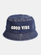 Unisex Denim Made-old Letters Pattern Fashion Outdoor Sunshade Bucket Hat - Navy