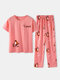 Plus Size Women Cute Cartoon Animal Print Cotton Short Sleeve Pajama Sets - Pink