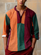 Mens Color Block Patchwork Half Button Long Sleeve Henley Shirts - Orange