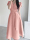 Women Solid V-Neck Casual Short Sleeve Dress With Belt - Pink