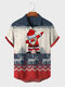 Mens Christmas Santa Claus Elk Print Lapel Short Sleeve Shirts - Blue