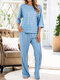 Plus Size Women Striped Loose Casual 3/4 Sleeve Pajama Sets - Blue