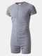 Men One Pieces Viscose Short Sleeve Top Jumpsuit Buttons Down Plain Union Pajamas - Gray