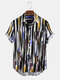 Mens Abstract Striped Print Patch Pocket Short Sleeve Shirts - Yellow
