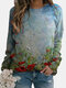 Vintage Calico Print O-neck Long Sleeve Sweatshirt - Blue