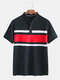 Mens 100% Cotton Patchwork Color Block Slim Short Sleeve Golf Shirt  - Black