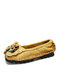 Socofy Couro Genuíno Sapatos de Costura Feitos à Mão Respiráveis Soft Sapatilhas Casuais com Decoração Floral Confortável - Amarelo