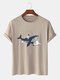 Mens Astronaut Whale Print Crew Neck Short Sleeve Cotton T-Shirts - Khaki