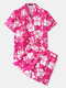 Floral Pattern Print Pajamas Sets Two Pieces Short Sleeve Tops and Short Bottoms Sleepwear for Men - Pink