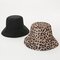 Women Double Sided Leopard Solid Color Bucket Hat Casual Wild Beach Sunscreen UV Protection Cap  - Black
