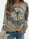 Vintage Dragonfly Printed Long Sleeve O-neck T-shirt For Women - Green