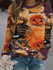 Funny Cat Pumpkin Print O-neck Plus Size T-shirt - Khaki