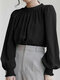 Solid Tie Back Puff Long Sleeve Stand Collar Blouse - Black
