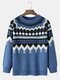 Mens Vintage Geometric Pattern Knit Casual Raglan Sleeve Sweaters - Blue