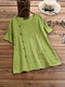 Embroidery Frog Button O-neck Short Sleeve T-shirt - Light Green