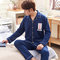 Mens pajamas long-sleeved cotton suit casual loose home - Blue