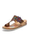 Socofy Genuine Leather Comfy Beach Vacation Bohemian Floral Hook & Loop Outdoor Wedges Thumb Slippers - Apricot