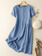 Solid Short Sleeve Crew Neck Casual Dress For Women - Blue