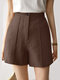 Solid Pocket Button Zip Front Wide Leg Shorts - Coffee