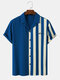 Mens Striped Patchwork Script Print Revere Collar Short Sleeve Shirts - Blue