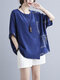 Printed Button Front Patched O-neck Plus Size Half Sleeve T-shirt - Royal