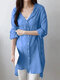 Solid Hooded Roll Tab Sleeve Button Front Blouse - Blue