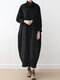 Solid Color Patchwork Pocket Long Sleeve High Neck Casual Dress - Black