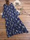 Casual Floral Printed Long Sleeve Button Maxi Dress With Pockets - Blue