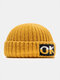 Unisex Knitted Solid Color Letter Jacquard Brimless Flanging Outdoor Warmth Brimless Beanie Landlord Cap Skull Cap - Yellow