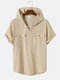 Mens Solid Bandage Front Flap Pocket Cotton Short Sleeve Hooded T-Shirts - Apricot