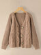 Solid Color Cable Knitted Button Casual Comfy Cardigan - Khaki