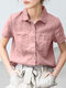 Solid Button Pocket Lapel Short Sleeve Casual Cotton Shirt - Pink